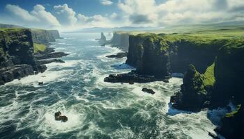 AI generated Majestic coastline, water waves, rock formation, beauty in nature generated by AI photo