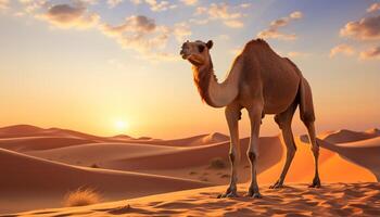 AI generated Camel convoy travels through arid desert, embracing nature beauty generated by AI photo