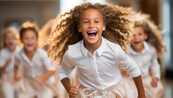 AI generated Group of children smiling, playing, and looking at camera happily generated by AI photo