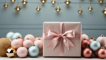 AI generated Christmas decoration, gift box, shiny ball, winter snow, glowing lights generated by AI photo