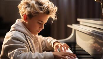 AI generated One boy playing piano, concentrating, enjoying music in living room generated by AI photo