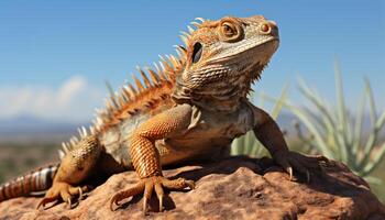 AI generated Large green iguana crawling on sand, looking at branch generated by AI photo