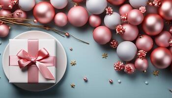 AI generated New gift box decoration, shiny snowflake ornament on blue wrapping paper generated by AI photo