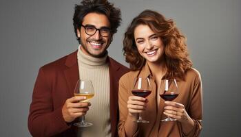 AI generated Young adults enjoying wine, smiling, looking at camera, celebrating love generated by AI photo