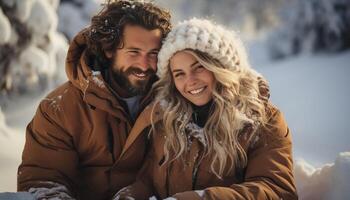 AI generated Smiling couple embraces winter, enjoying nature beauty and warmth generated by AI photo