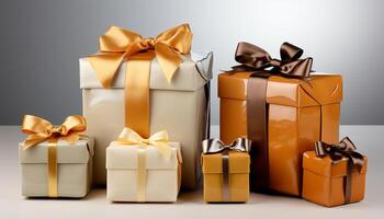 AI generated A stack of wrapped gift boxes in shiny gold colors generated by AI photo