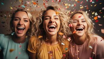 ai generado joven mujer disfrutar un divertido, alegre fiesta con papel picado que cae generado por ai foto