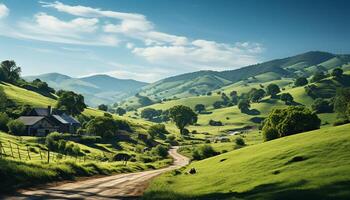 AI generated Idyllic rural landscape  green meadows, mountains, and tranquil blue sky generated by AI photo