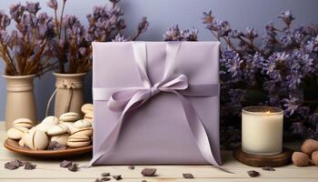 AI generated Homemade gift  wood decoration, nature flower, rustic table, chocolate package generated by AI photo