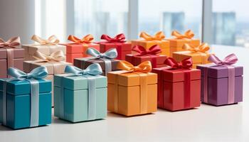 AI generated A large stack of wrapped gift boxes in various colors generated by AI photo