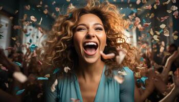 ai generado joven mujer disfrutando un divertido fiesta, sonriente y bailando con emoción generado por ai foto