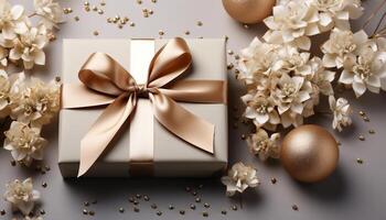 AI generated A shiny gold gift box wrapped in festive wrapping paper generated by AI photo