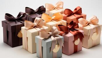 AI generated A stack of wrapped gift boxes in shiny gold generated by AI photo