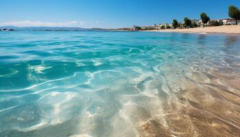 AI generated Blue water, sandy beach, tranquil scene, clear sky, mountain reflection generated by AI photo