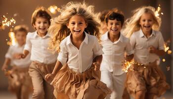 ai generado niños jugando al aire libre, sonriente y disfrutando un despreocupado verano fiesta generado por ai foto