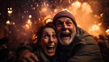 ai generado joven adultos disfrutando invierno noche, abrazando, reír, y teniendo divertido generado por ai foto