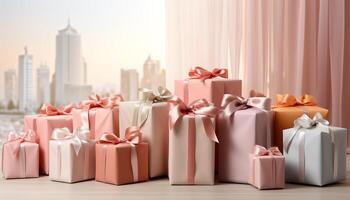 AI generated Celebration of love  gift box, decoration, wrapped in shiny pink generated by AI photo