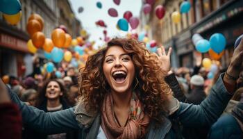 ai generado joven mujer reír, participación globos, disfrutando un despreocupado al aire libre fiesta generado por ai foto