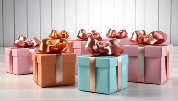 AI generated A stack of multi colored gift boxes, love wrapped in celebration generated by AI photo