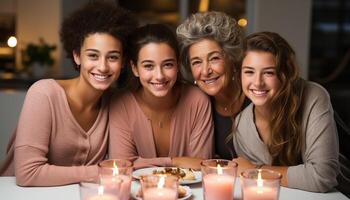 AI generated Smiling women indoors, looking at camera, friendship, togetherness, celebration generated by AI photo