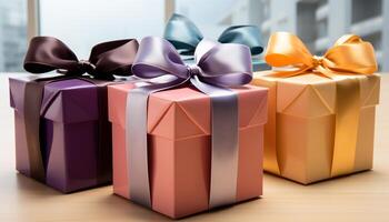 AI generated Birthday celebration with shiny gift box, wrapped in colorful paper generated by AI photo