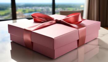 AI generated Birthday celebration  gift box wrapped in shiny wrapping paper generated by AI photo