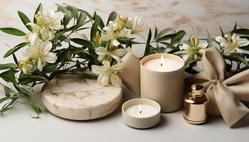 AI generated Freshness and relaxation in nature beauty treatment, scented candle aromatherapy generated by AI photo