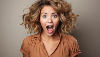 AI generated One beautiful woman with curly blond hair screaming in disbelief generated by AI photo
