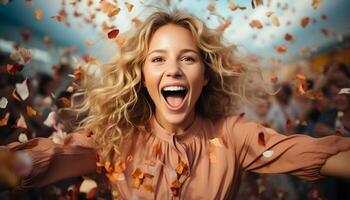 AI generated Smiling young woman enjoys autumn, throwing leaves with excitement generated by AI photo