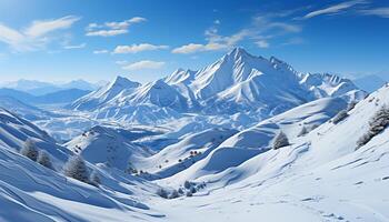 AI generated Winter landscape  snow covered mountains, tranquil forest, panoramic adventure generated by AI photo