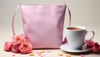 ai generado romántico amor floraciones con un regalo de café y flores generado por ai foto