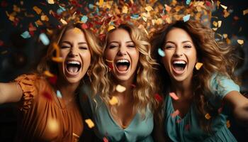 AI generated Young women enjoying a carefree night, smiling and dancing together generated by AI photo