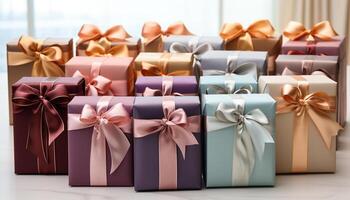 AI generated A stack of shiny gift boxes, wrapped in colorful paper generated by AI photo