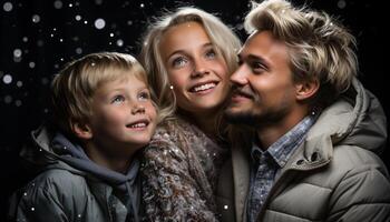 AI generated Smiling family embraces winter joy, love, and togetherness outdoors generated by AI photo