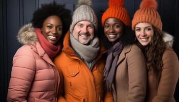 ai generado sonriente mujer en invierno, felicidad, mirando a cámara, calentar ropa generado por ai foto