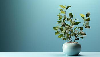 AI generated Freshness and growth in nature blue vase of plant generated by AI photo