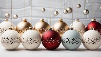 AI generated Christmas ornaments in a row, vibrant colors, decorating the tree generated by AI photo