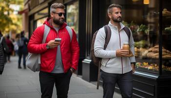AI generated Two young adult males walking outdoors in the city, drinking coffee generated by AI photo
