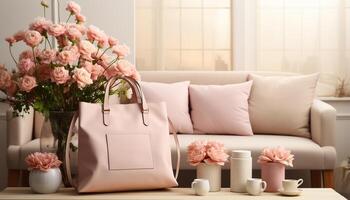 AI generated Modern home interior with elegant decoration, comfortable sofa, and pink flowers generated by AI photo