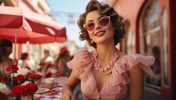 ai generado sonriente joven mujer en Gafas de sol disfruta verano vacaciones al aire libre generado por ai foto