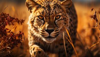 AI generated Majestic cheetah walking in the wilderness, staring at the sunset generated by AI photo