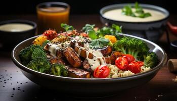 ai generado Fresco A la parrilla carne y vegetales en un rústico de madera plato generado por ai foto