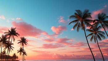AI generated Tropical sunset  palm trees, nature, summer, vacations, dusk, sunlight generated by AI photo