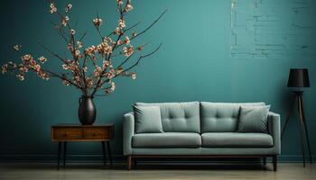 AI generated Modern home interior with elegant design, comfortable sofa, and wooden flooring generated by AI photo