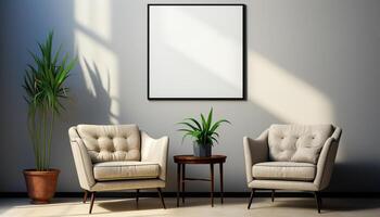 AI generated Modern living room with comfortable sofa, elegant chair, and plant generated by AI photo