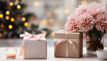 ai generado regalo caja en mesa, decorado con flores y Navidad luces generado por ai foto