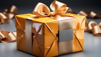 AI generated A shiny gold gift box wrapped in yellow wrapping paper generated by AI photo