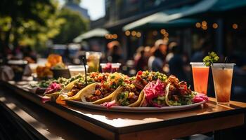 ai generado Fresco gastrónomo comida en mesa, al aire libre, comiendo A la parrilla carne generado por ai foto