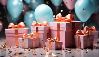 AI generated Birthday celebration with a large stack of wrapped gift boxes generated by AI photo