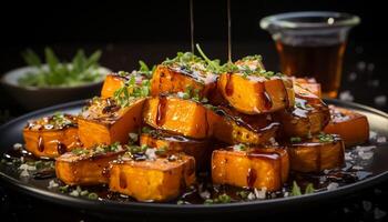 ai generado A la parrilla carne y vegetales en un lámina, un parilla deleite generado por ai foto